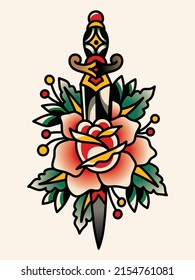 Traditional tattoo flash rose with knife. Vector illustration