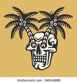 Traditional tattoo flash skull with a palms, Vector illustration on grunge texture background