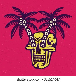 Traditional tattoo flash skull with a palms, Vector illustration on grunge texture background