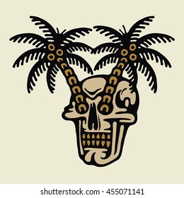 Traditional tattoo flash skull with a palms, Vector illustration on grunge texture background