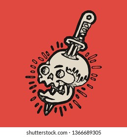Traditional tattoo flash skull with a sword and rays. Vector illustration on grunge texture background