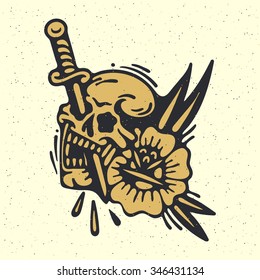 Traditional tattoo flash skull with a sword and flower, Vector illustration on grunge texture background