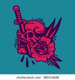 Traditional tattoo flash skull with a sword and flower, Vector illustration on grunge texture background