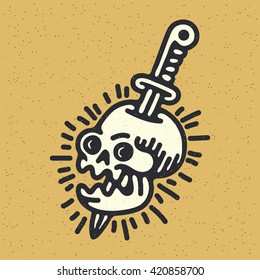 Traditional tattoo flash skull with a sword and rays. Vector illustration on grunge texture background