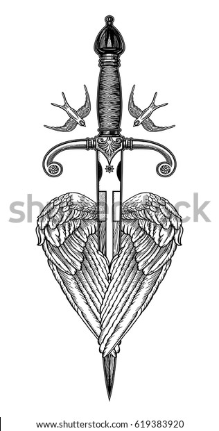 Traditional Tattoo Flash Wings Knife Romantic Stock Vector (Royalty ...