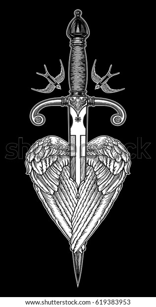 Traditional Tattoo Flash Wings Knife Romantic Stock Vector (Royalty ...