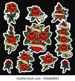 Traditional Tattoo Flowers Set Roses and Ribbons Old School Tattooing Sketches Collection