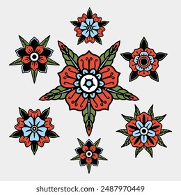 tatuaje tradicional de flores Vector