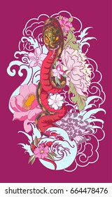 Traditional tattoo Japanese tattoo style,The Snake with ocean and flower,Japanese carp line drawing coloring book vector image