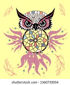 Traditional tattoo owl hold dream catcher symbol.