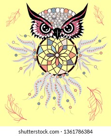 Traditional tattoo owl hold dream catcher symbol.