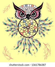 Traditional tattoo owl hold dream catcher symbol.
