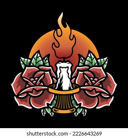 Traditional Tattoo With Roses and Candle Vector Illustration