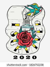 Traditional Tattoo Style 2020 Toilet Paper Shortage Fun Artwork With Roses