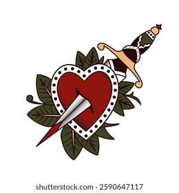 Traditional Tattoo Style Heart with Dagger and Leaves Vector Illustration for Love, Betrayal, and Passion Themes