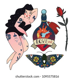 Traditional tattoo style objects. Colored vector set. All elements are isolated