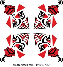 Traditional tattoo style pattern with red rose and spider web