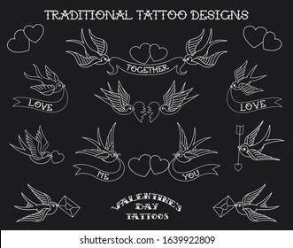 Traditional Tattoo Style Romantic Sketches, Hand Drawn Swallows, Hearts, Cupid Arrows, Love Letters Valentine's Day Sticker Set