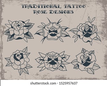 Traditional Tattoo Style Roses, Old School Sketches, Old Paper Grunge Texture Pattern