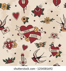 Traditional Tattoo Style seamless Pattern with Love Elements. Vector eps fully editable. 