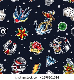 Traditional tattoo vector seamless pattern with popular old school elements: panther, skull, diamond, anchor, dice, rose, flash, razor and bird. Endless retro style pattern. EPS10 vector illustration.