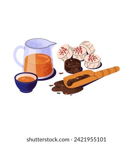 Traditional tea ceremony. Pressed, compressed puer bricks. Wooden scoop for dried herbs. Japanese herbal drink in cup. Pu erh in glass jug. Flat isolated vector illustration on white background