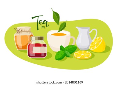 Traditional tea. Cup of tea, lemon, honey, jam, mint, milk. Design for party invitation, teashops, banner, tea label, tea company, cafe or restaurant advertising, home decor. Delicious flavored drink