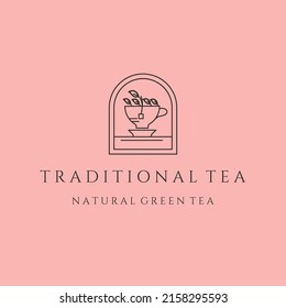 traditional tea natural green tea line art logo vector symbol illustration design