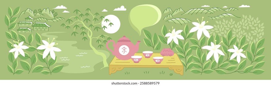 Traditional Tea Set with Teapot and Bowls on Green Background, Featuring Tea Bushes, Flowers, Mountains, and Scenic Landscape