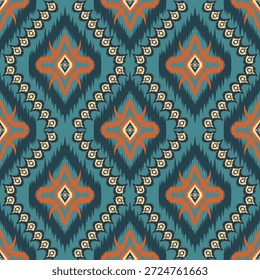 Padrão tradicional de diamante Ikat azul-petróleo e laranja para têxteis boêmios.