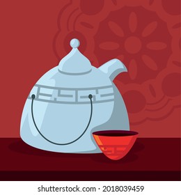 traditional teapot with cup cartoon