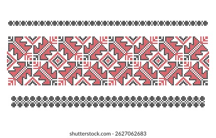 Traditional textile beaded red and black patterns ornaments from Odesa region of Ukraine, thin and wide borders set