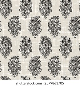 Traditional Textile block print black Pattern ,Ajrakh, Ikat, batik print Pattern, abstract Hand Block Print half white background digital printing textile pattern.