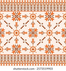 A traditional textile design featuring symmetrical floral and geometric patterns in orange and brown tones. It includes intricate borders and radiating motifs on a white background. Vector Navajo.