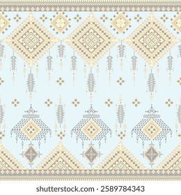 Traditional Textile Design: Light Blue Beige Pattern, Cultural Fabric Pattern: Diamond Tassel Design, Vintage Inspired Ethnic Pattern - Seamless Repeat, Detailed Ethnic Pattern for Textile