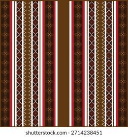 A traditional textile featuring vertical stripes in brown, cream, and red tones. Geometric zigzags and floral motifs repeat symmetrically, reflecting ethnic weaving and handcrafted cultural design.