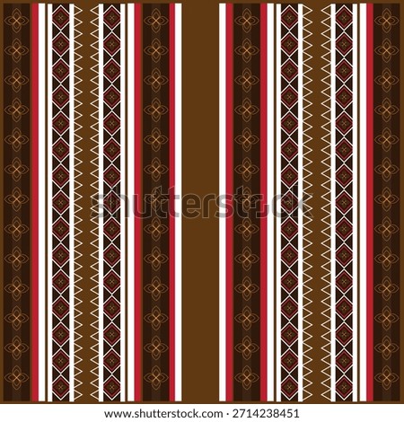 A traditional textile featuring vertical stripes in brown, cream, and red tones. Geometric zigzags and floral motifs repeat symmetrically, reflecting ethnic weaving and handcrafted cultural design.