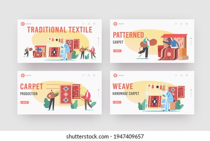 Traditional Textile Landing Page Template Set. Characters Weaving Carpet on Handloom and Selling on Asian Bazaar. Oriental Art, Handmade Craft, People Making Rugs. Cartoon People Vector Illustration