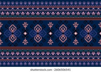 A traditional textile pattern with blue background, featuring pink and black ,Textile ,Designed in pixel art style, Fabric, tribal textile pattern, blue fabric pattern, textile designs , floral
