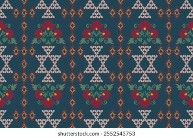 A traditional textile pattern featuring red floral motifs, geometric shapes, and intricate designs on a deep blue background, evoking cultural elegance
