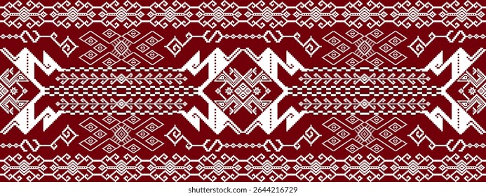 Traditional textile pattern with geometric shapes in white on a deep red background, featuring symmetrical designs and intricate motifs.