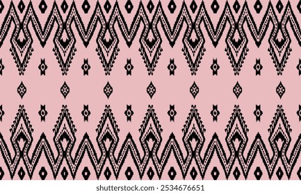 A traditional textile pattern with a repeating geometric design of black and white shapes on a pink background. It features interlocking diamonds and triangles that create a complex composition.