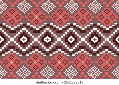Traditional textile pattern in shades of red, brown, and white. The design includes repeated geometric motifs, such as diamonds and squares, arranged in symmetrical horizontal bands. 