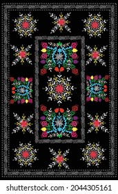 Traditional textile product in Uzbekistan - suzani carpet, using in home interior, as a decorative ornamental element, nowadays using in the fashion industry too and for decorating cushioned furniture
