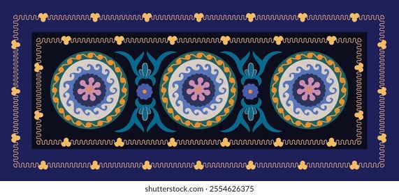 Traditional textile product in Uzbekistan - suzani carpet, using in home interior, as a decorative ornamental element, nowadays using in the fashion industry too and for decorating cushioned furniture