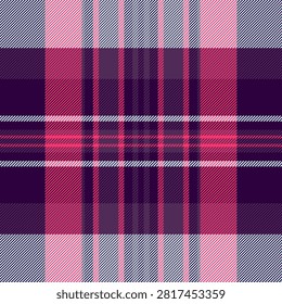 A traditional textile surface with tartan plaid checks and a tactile woven fabric finish. Purple tones create classic fabric heritage in a seamless design for interior decor. It suits textile prints.