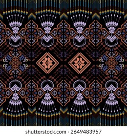 Têxteis tradicionais, desenhos intricados em estilo Ikat, arte têxtil geométrica e floral, padrões étnicos, tecidos de tons escuros com motivos intrincados e tapeçarias místicas 