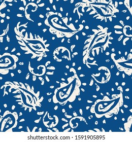 Traditional Textured Hand Painted Classic Blue Paisley Vector Seamless Pattern. Color of the Year Classic Background Shawl Print. Pattern Contrast Indian Scrolls Print. Perfect for Textiles, Gift Wrap