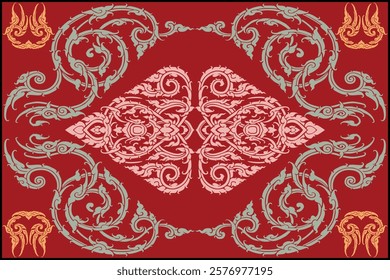 Traditional Thai art delicate pattern in damask style motifs suitable for carpet, wallpaper, clothing, curtain, textile, tile, blanket and fabric design isolated illustration vector archive EPS files.