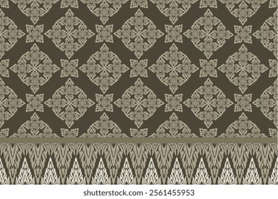 Traditional Thai Art Design with Beige Floral Motifs and Ornamental Patterns on a Dark Background - Elegant and Intricate Symmetrical Layout for Textiles, Home Decor, and Cultural Projects